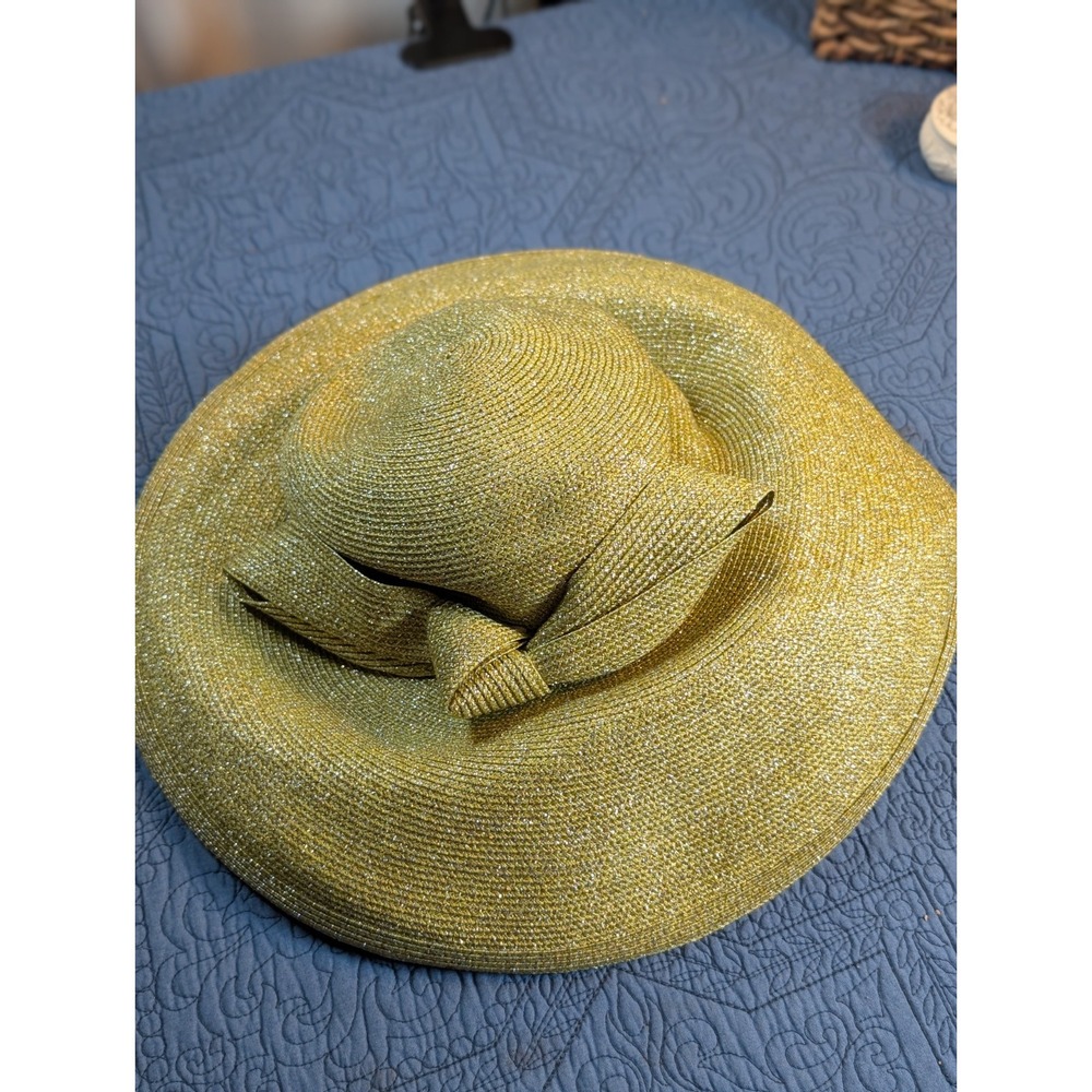 Ashro Metallic Gold Woven Straw Derby Hat Wide Brim Church Statement Bow